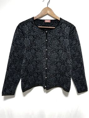 Oleana Espeland Wool Silk Jacquard Cardigan Women’s M Blue Black Grey Floral